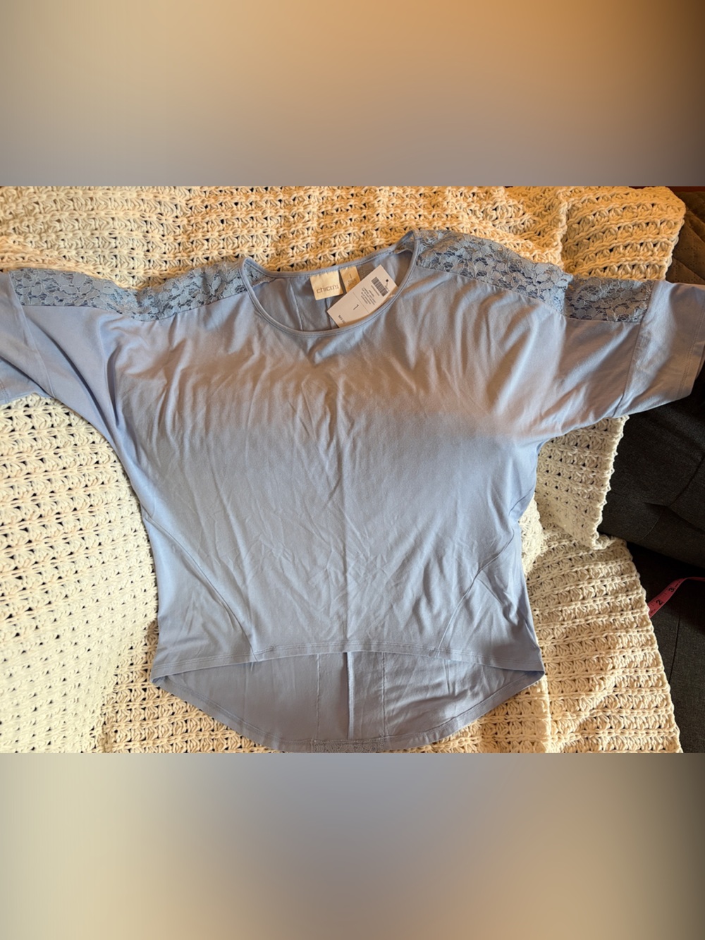 Chico's Light Blue Lace-Shoulder Short Sleeve Tee